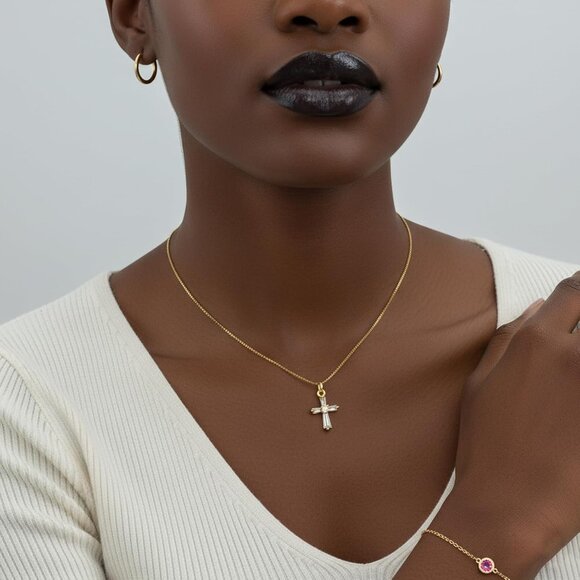 ⚡14K Gold Plated Cross Pendant Necklace for Women Elegant Copper Chain Gift - Picture 5 of 8